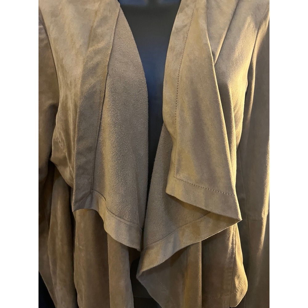Chic long sleeve drape‎ open front cascade faux tan suede cardigan sweater  sz L - Picture 2 of 7